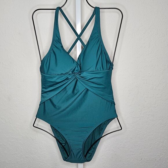 Bleu Rod Beatte Green Twist Front Cross Back One Piece Swim Bathing Suit Size 8 - Picture 1 of 4